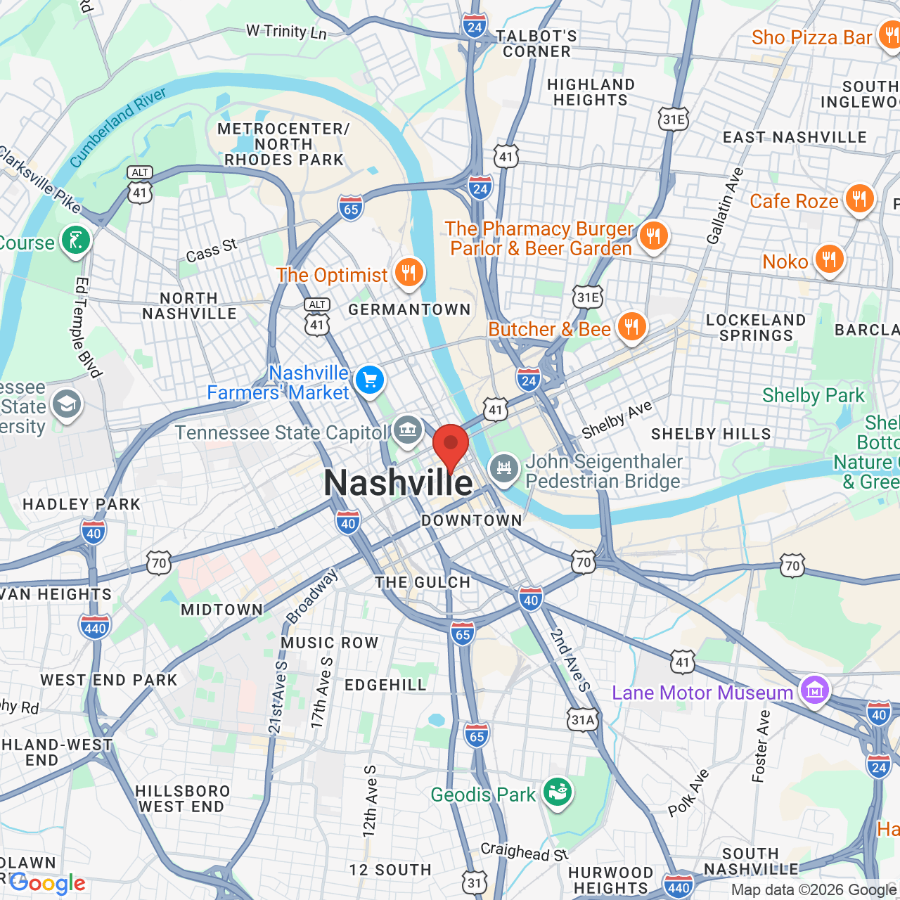 Google map image of our location in 401 Church St Nashville, TN